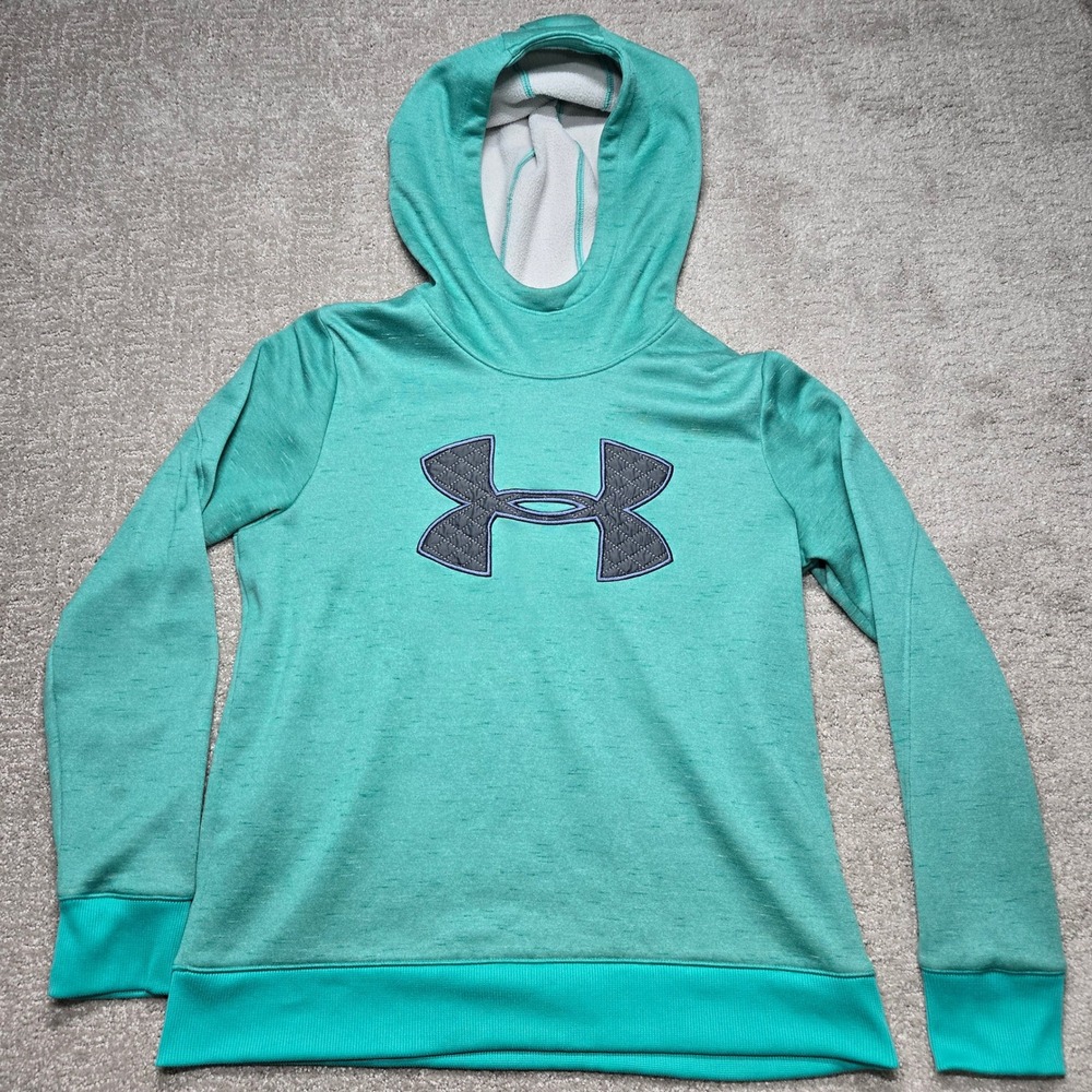 Under Armour Womens ColdGear Loose Fit Hoodie Teal Heather Big Logo Fleece Med
